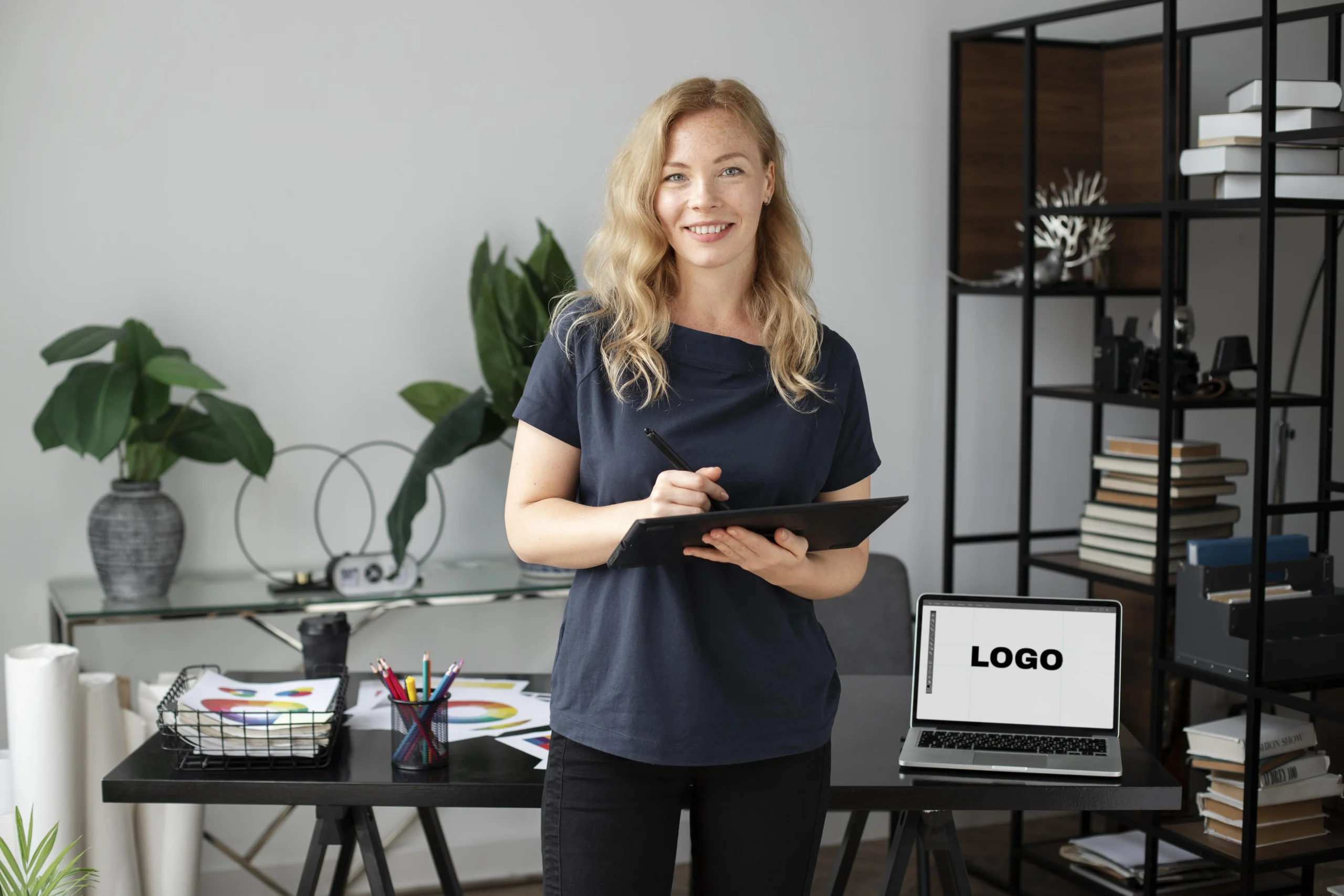conceptrice de logo feminin travaillant dans son bureau sur une tablette graphique